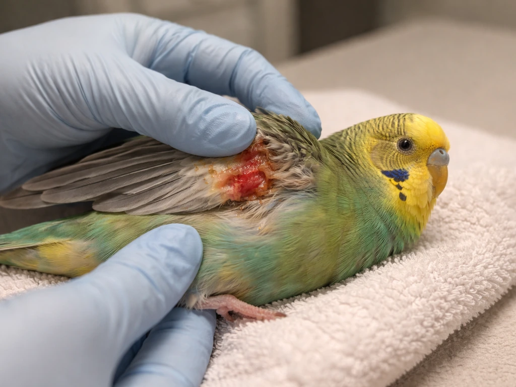 Close-up of a small pet bird’s wing showing swelling and abnormal bleeding after a wound, in a quiet indoor setting.