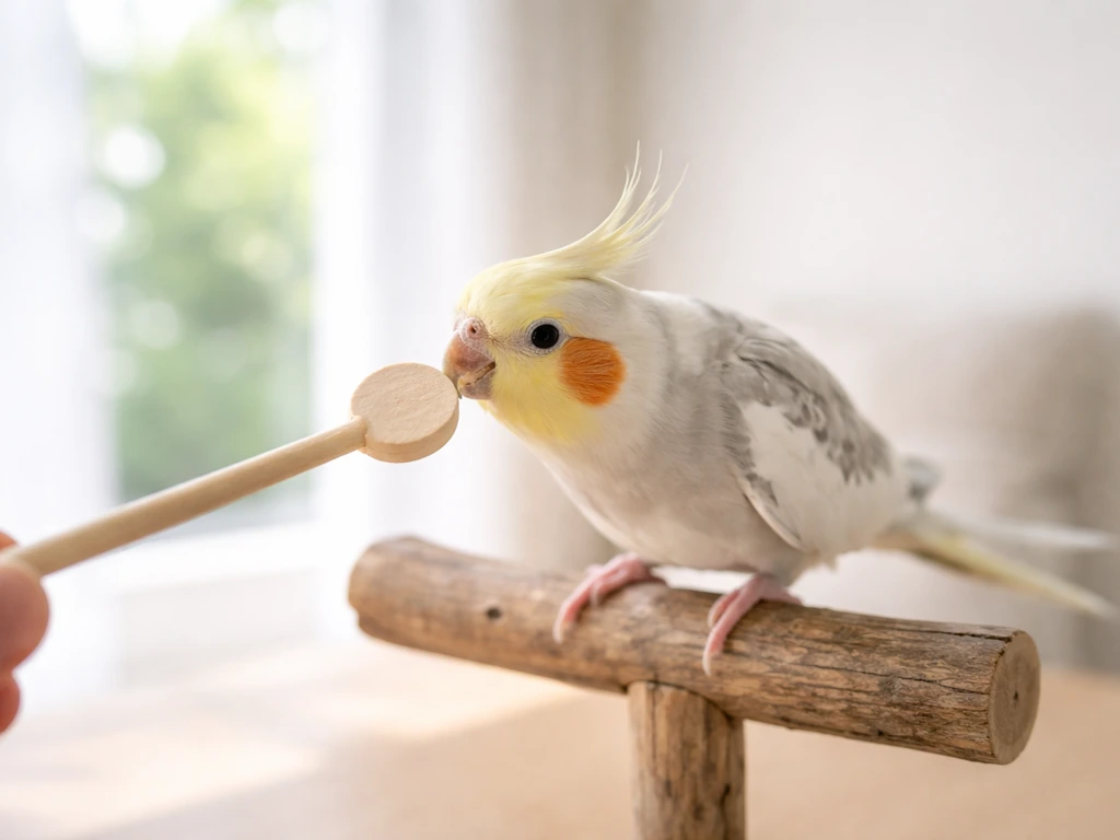 A small bird pecks a harmless wooden training disc while a beak-targeting stick guides it safely.