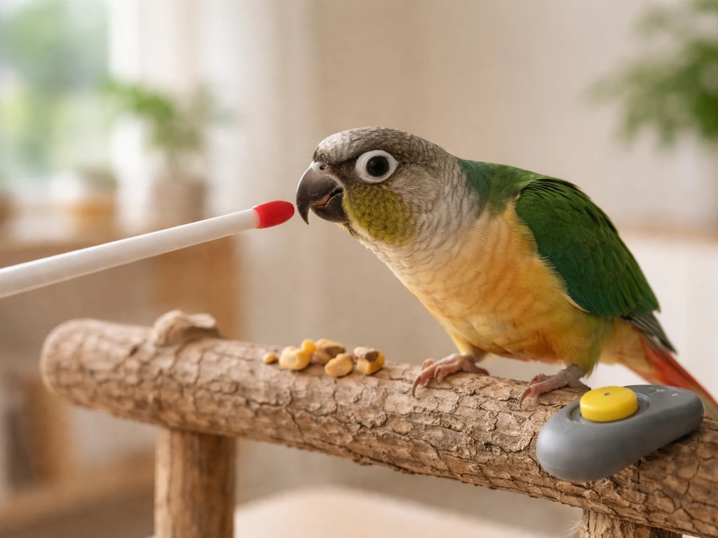 Pet parrot perched and touching a target stick tip, with a few treats nearby for positive reinforcement.