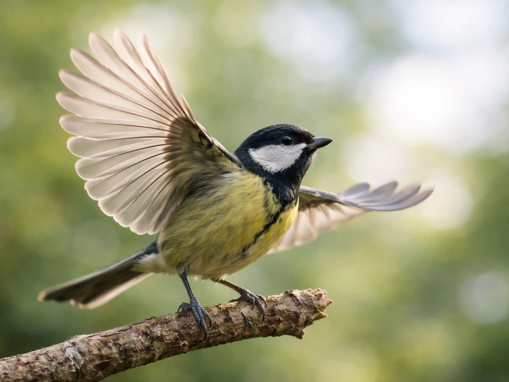 Healthy small bird with wings spread mid-lift on a branch against soft green outdoor background.