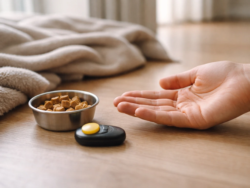 Training essentials: clicker, high-value treats, and a calm flat-hand perch area for shaping play dead