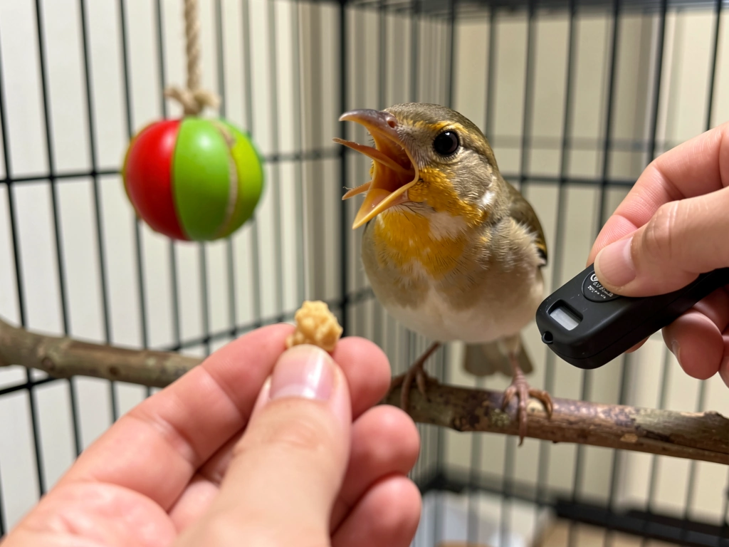 Close-up of mark-and-reward training: clicker in hand and bird vocalizing toward the treat