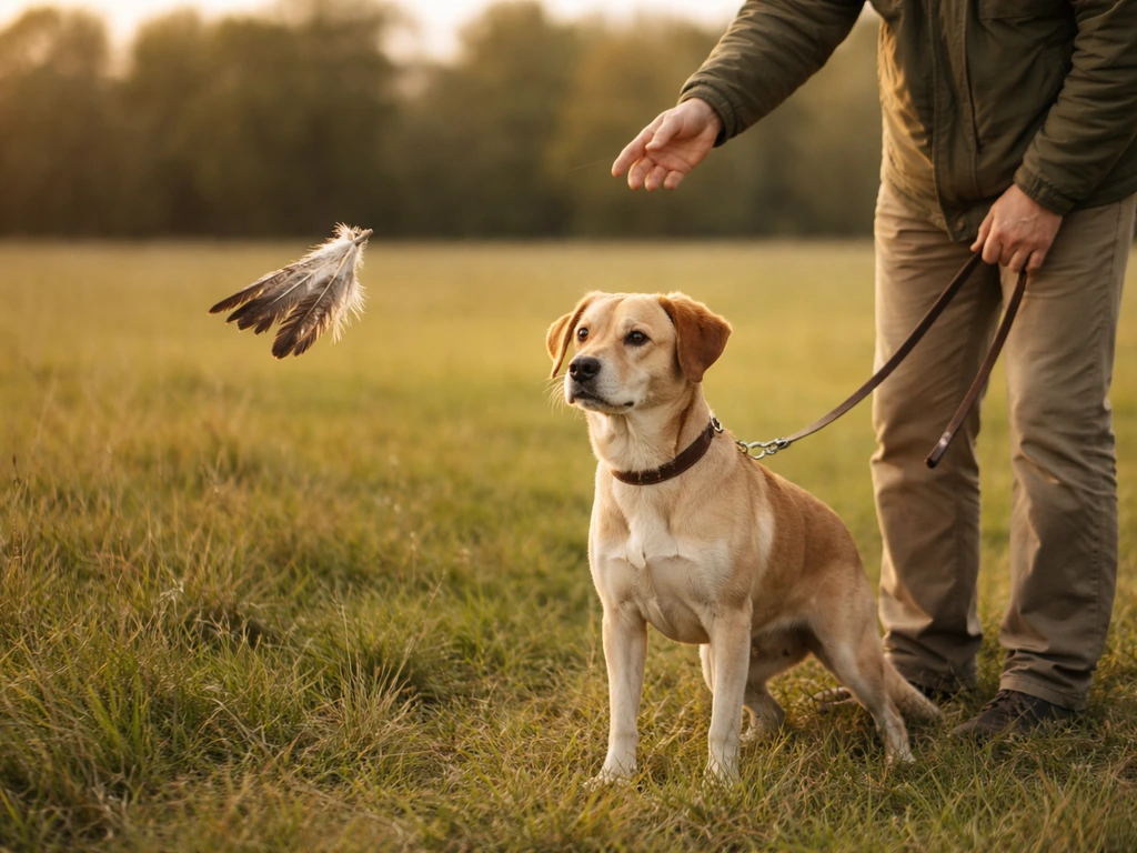 Dog on leash watches a fluttering restrained feathered prop tossed short distance by handler