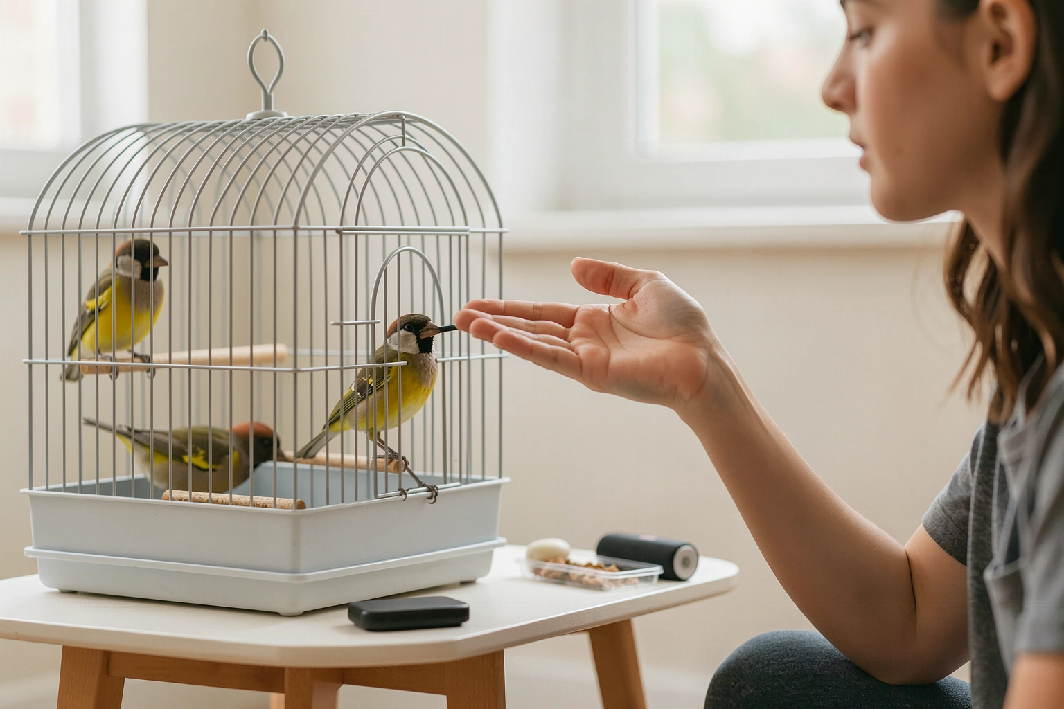 Person training a small songbird to sing with a clear cue and quick treat reinforcement