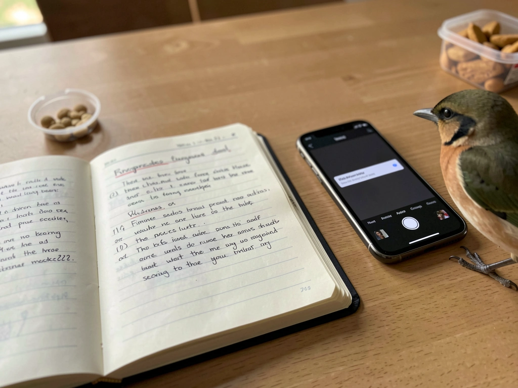 Notebook and phone used to log whistle training attempts while the bird watches.