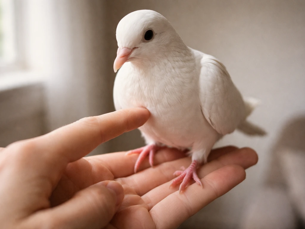 A dove steps onto an open hand while a finger gently touches its lower chest above the belly.