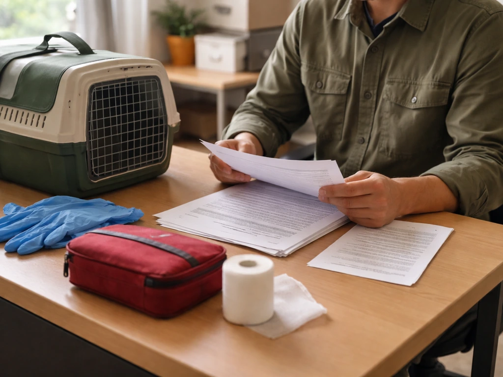 Person reviewing wildlife permit paperwork at a desk beside bird carriers and avian care supplies.