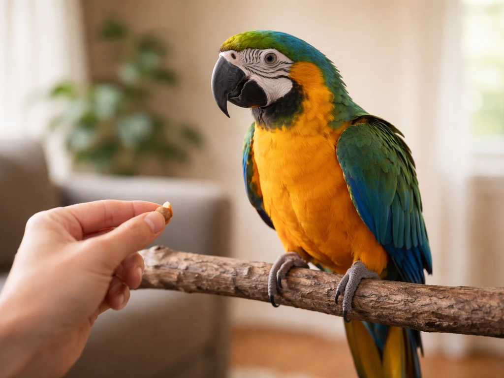 Relaxed parrot perched as a hand offers a visible treat in a calm, warm home setting