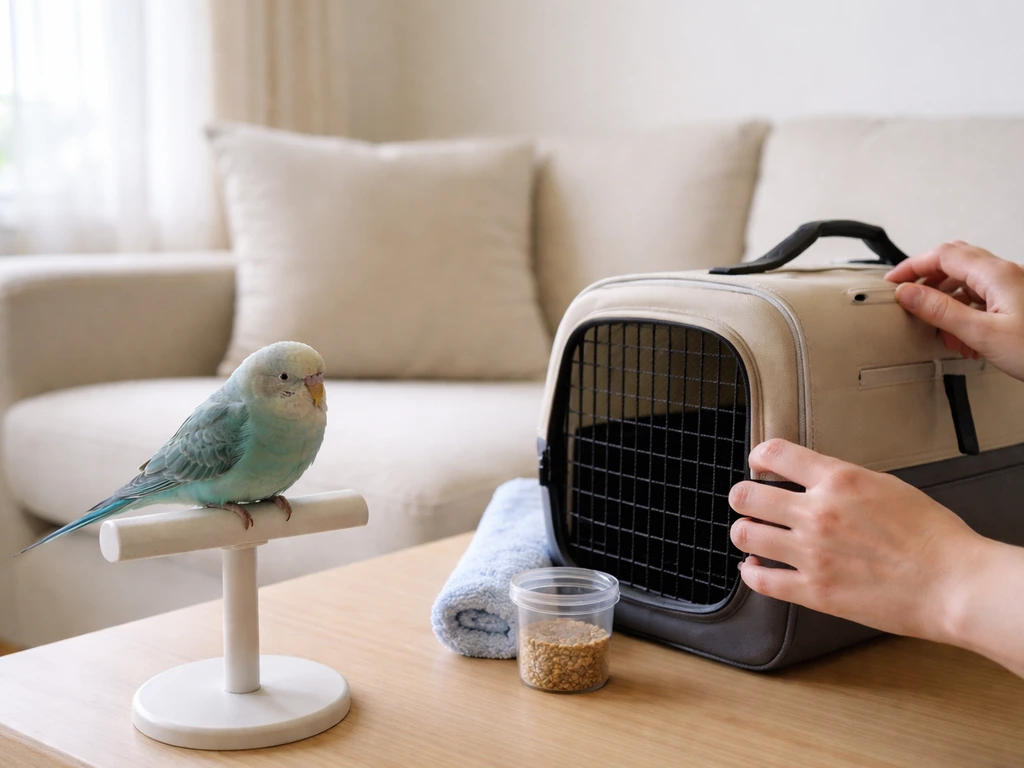 Caregiver holds a pet bird resting while reaching toward a closed travel carrier for a possible vet visit