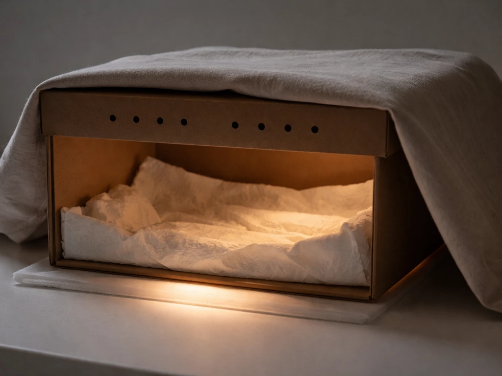 A small ventilated box lined with paper towels, warm heating pad under it for safely stabilizing a bird.