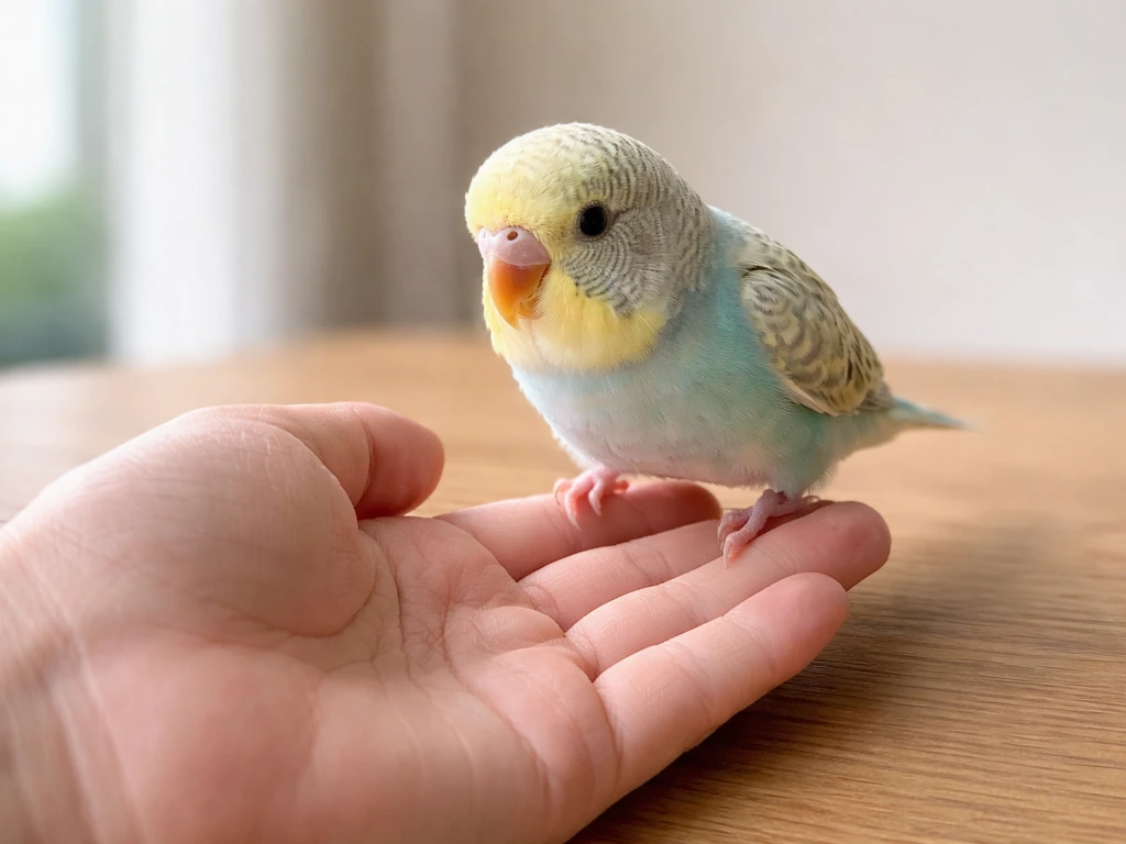 A small pet bird steps onto an open hand at bird level during calm daily handling.