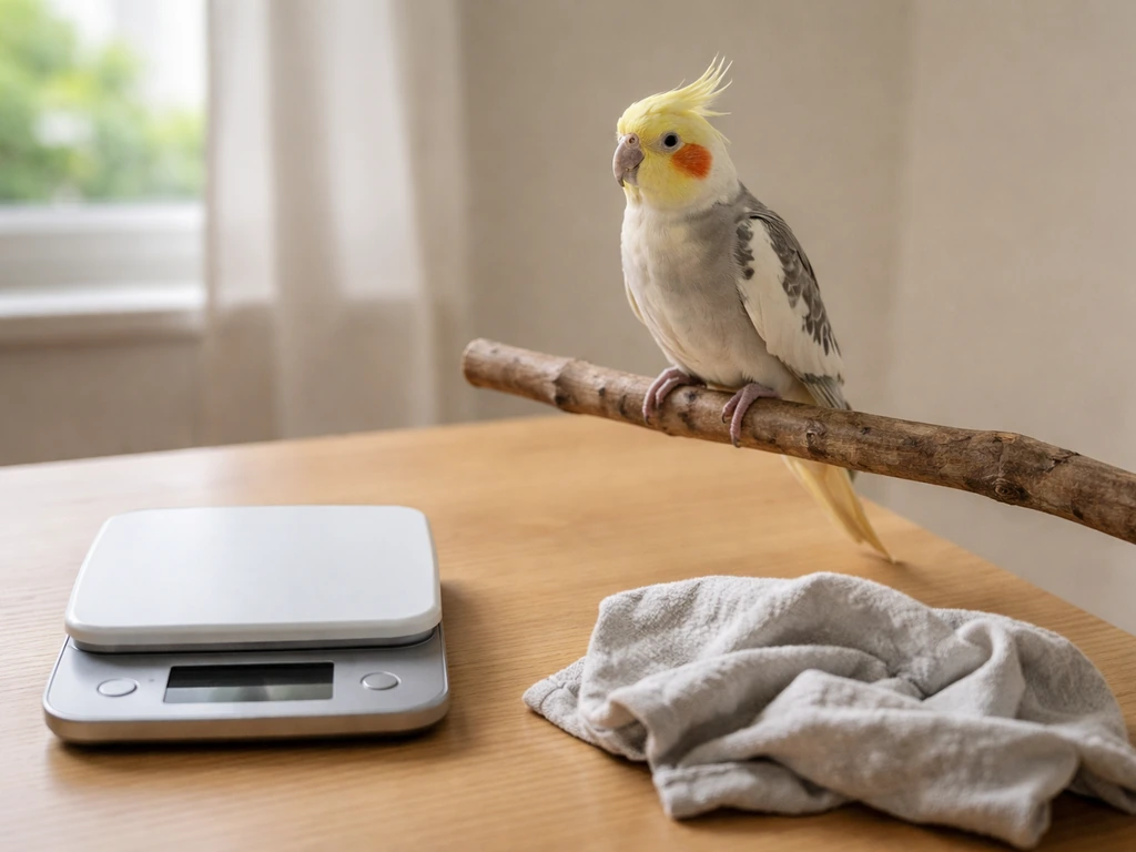 Cockatiel perched beside a small kitchen scale on a wooden table for size reference.