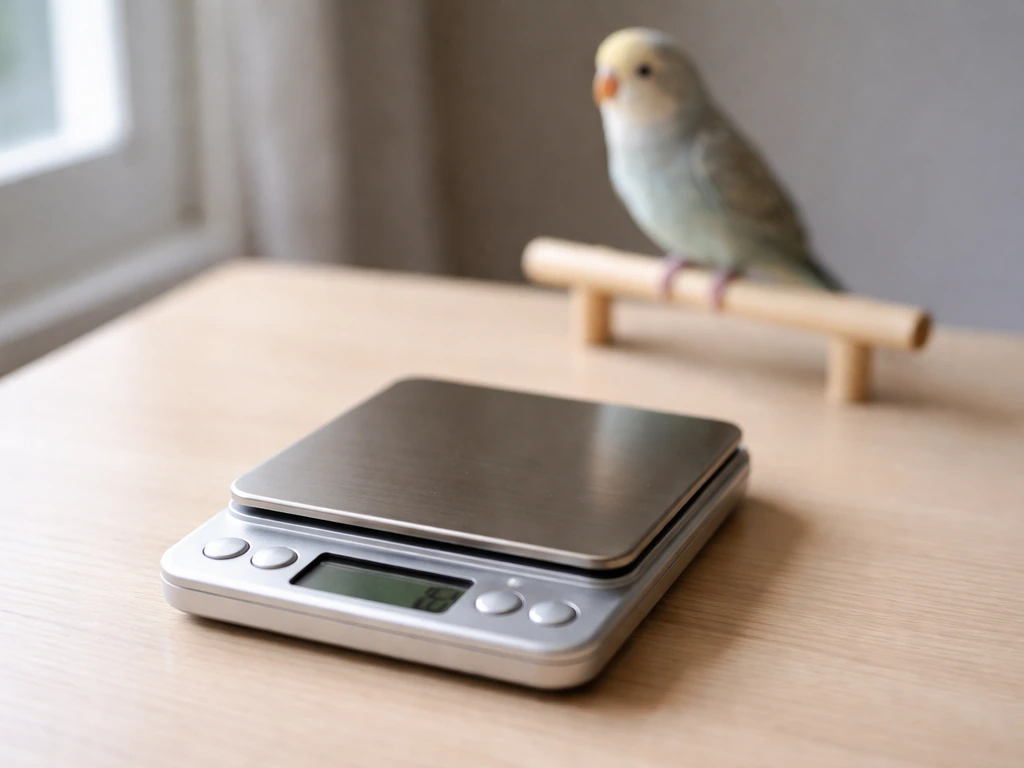 Small digital gram scale on a table with a calm pet bird nearby, showing routine weight tracking.