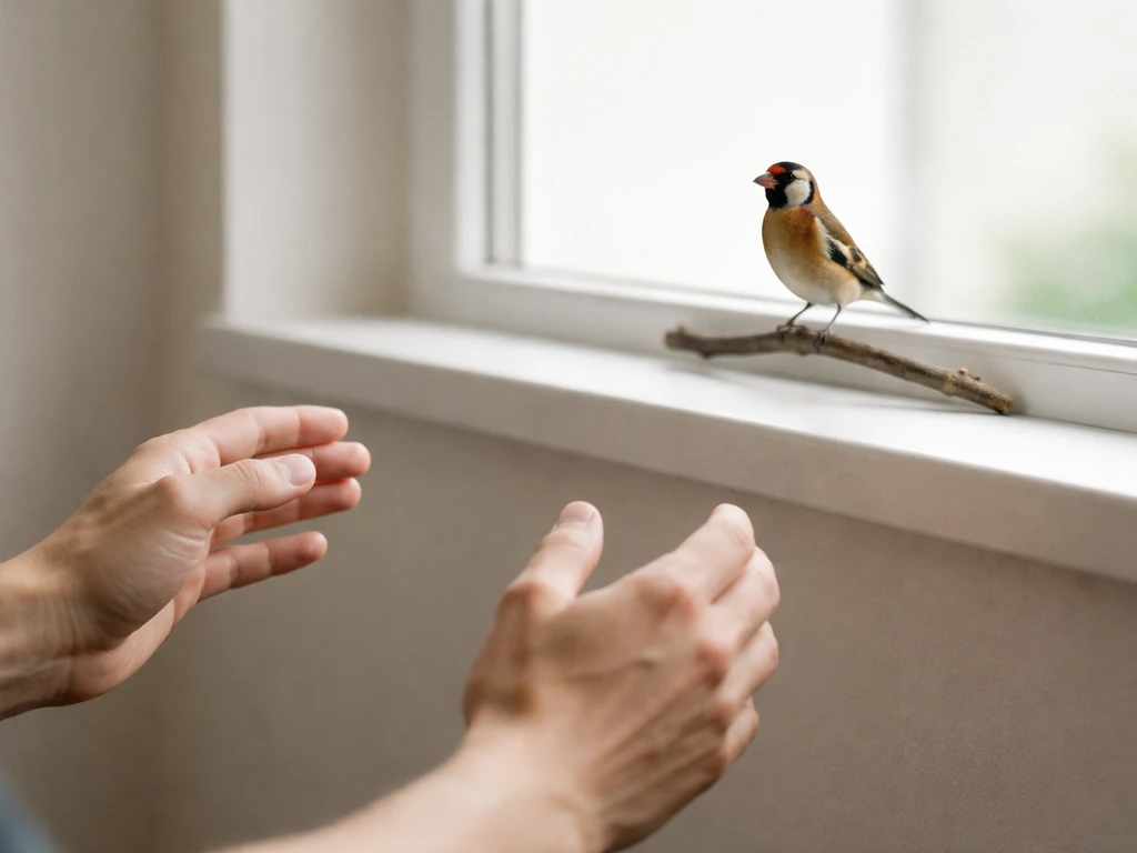 Person’s hands kept apart while a small bird perches calmly nearby, showing safe distance