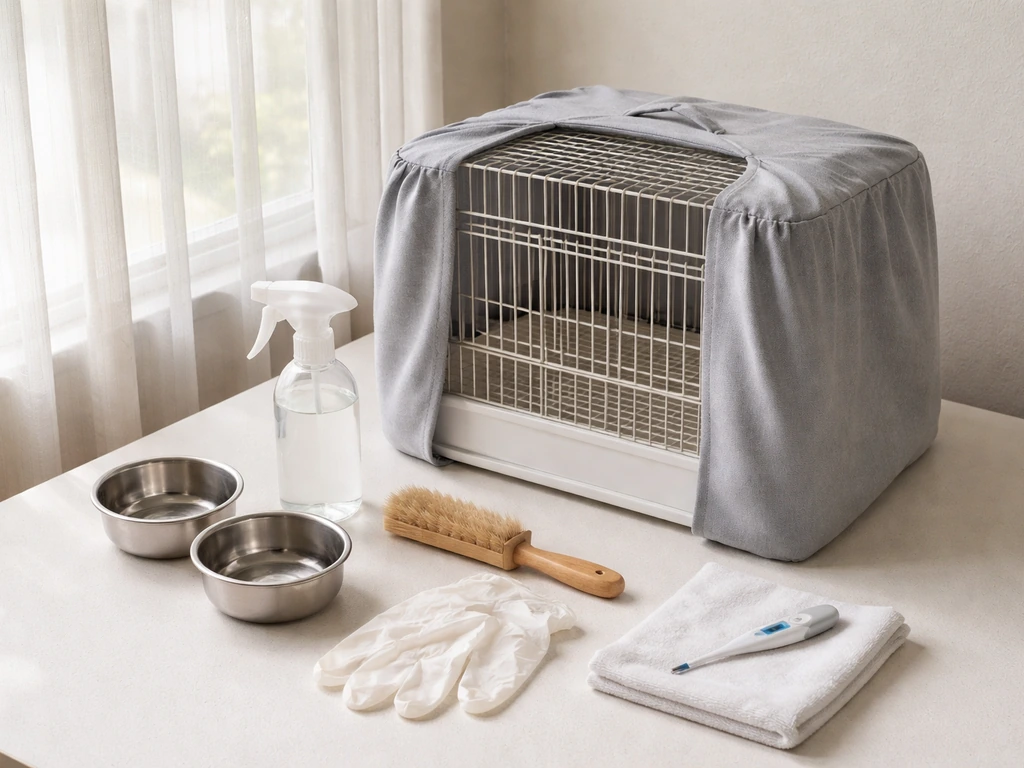Bird-safe supplies laid out on a clean table: cage cover, bowls, thermometer, gloves, and cleaning tools.