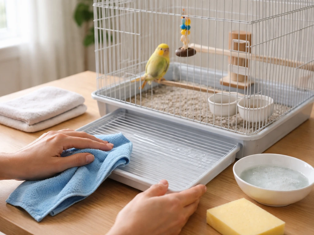 Person’s hand wiping a small bird cage with a damp cloth and mild soap, no sprays or air fresheners shown.