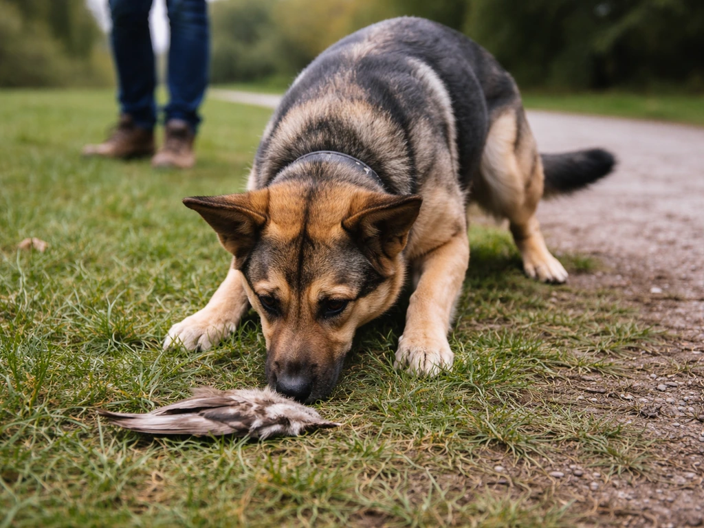 Working dog actively sniffing a bird-wing scent source on grass to establish find behavior.
