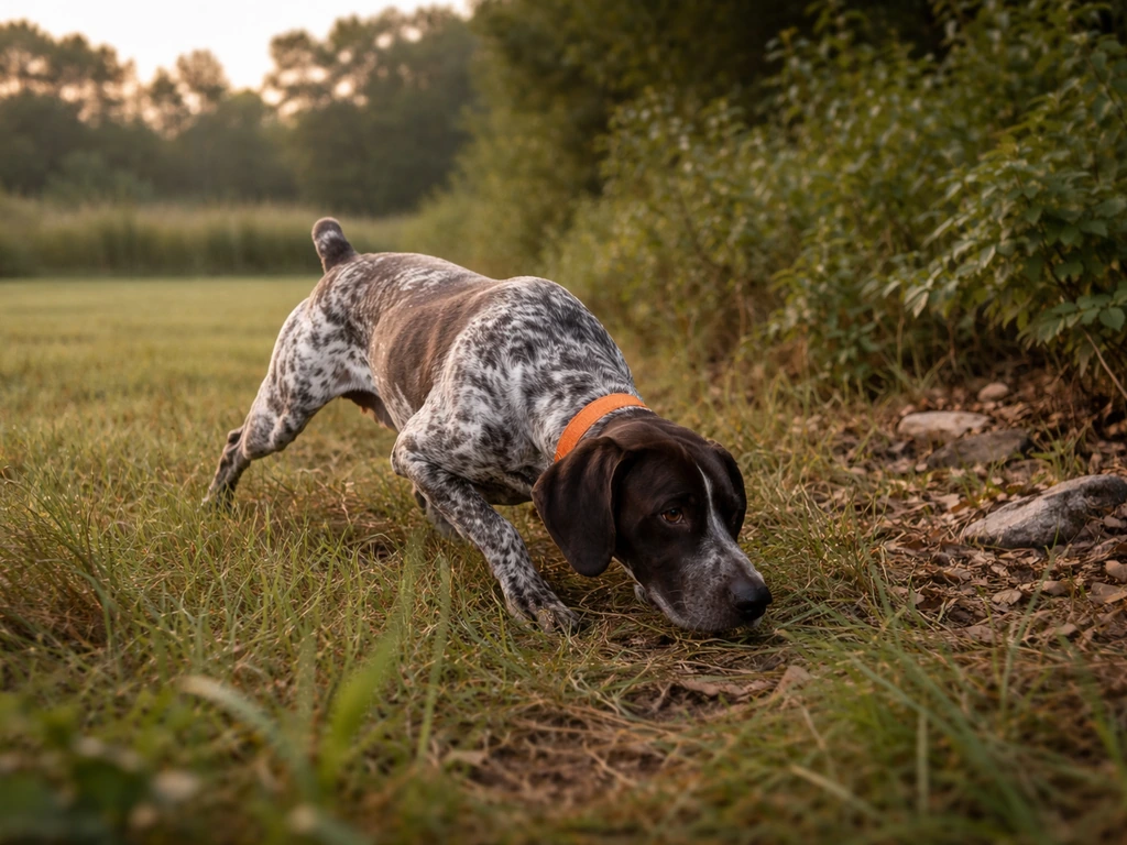 Hunting dog crouches in low brush, holding scent near wing-like decoys transitioning from open grass.