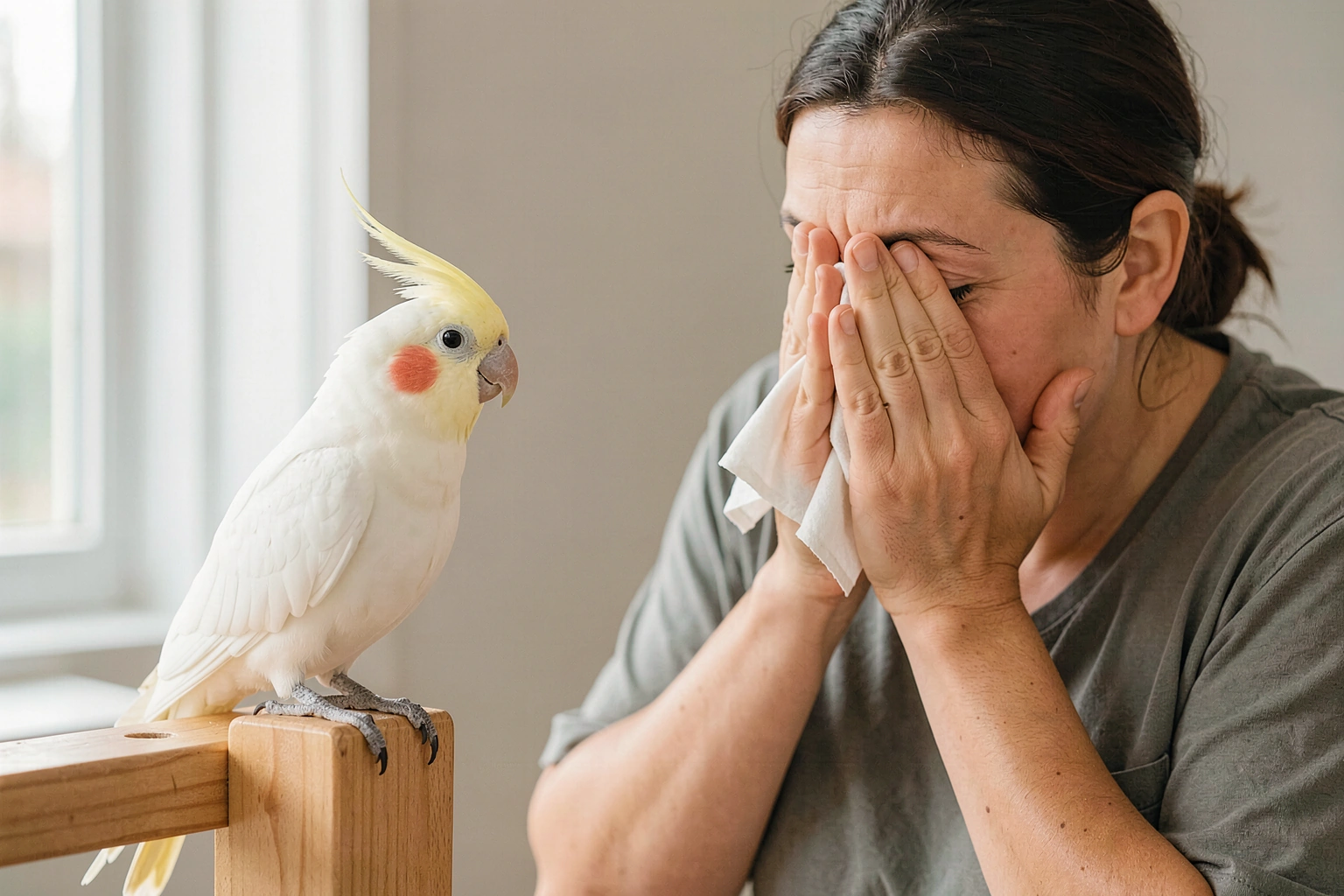 Trainer playing peekaboo with a pet bird using the hide-and-reveal cue