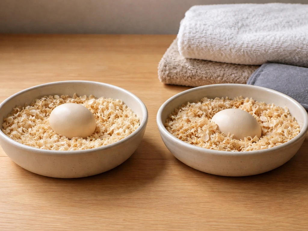Minimal side-by-side egg setup, one intact and one with bedding pressed to suggest possible egg binding.