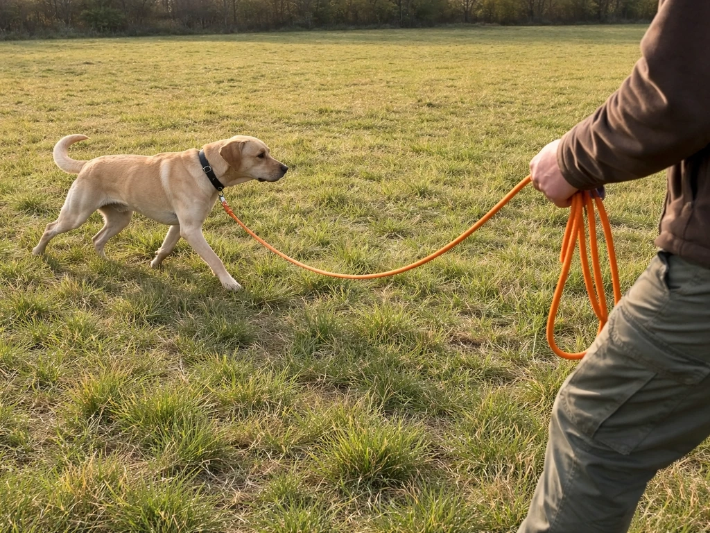 Medium dog mid-stride on a check cord as the handler cues an interrupting hold in a grassy field.