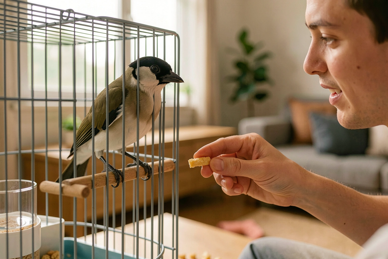 Crested myna perched at eye level while a trainer offers treats for talking practice.