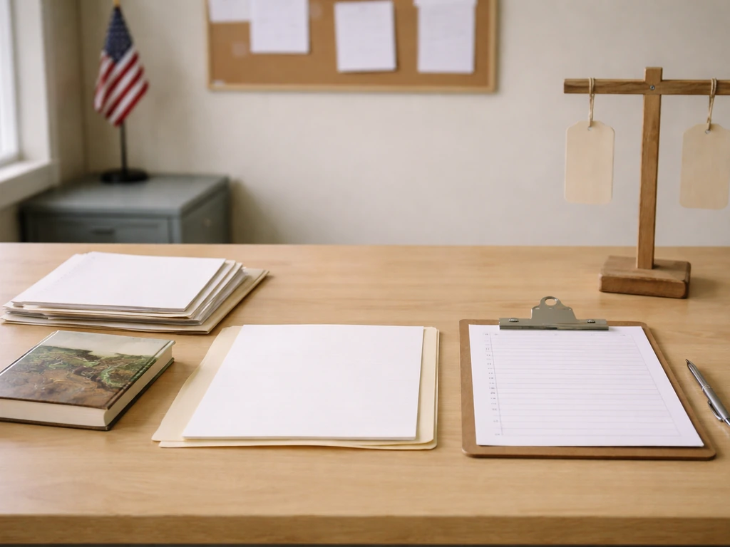 Wildlife rescue intake desk with blank permit forms and paperwork, plus a plain flag and blank pinned sheets.