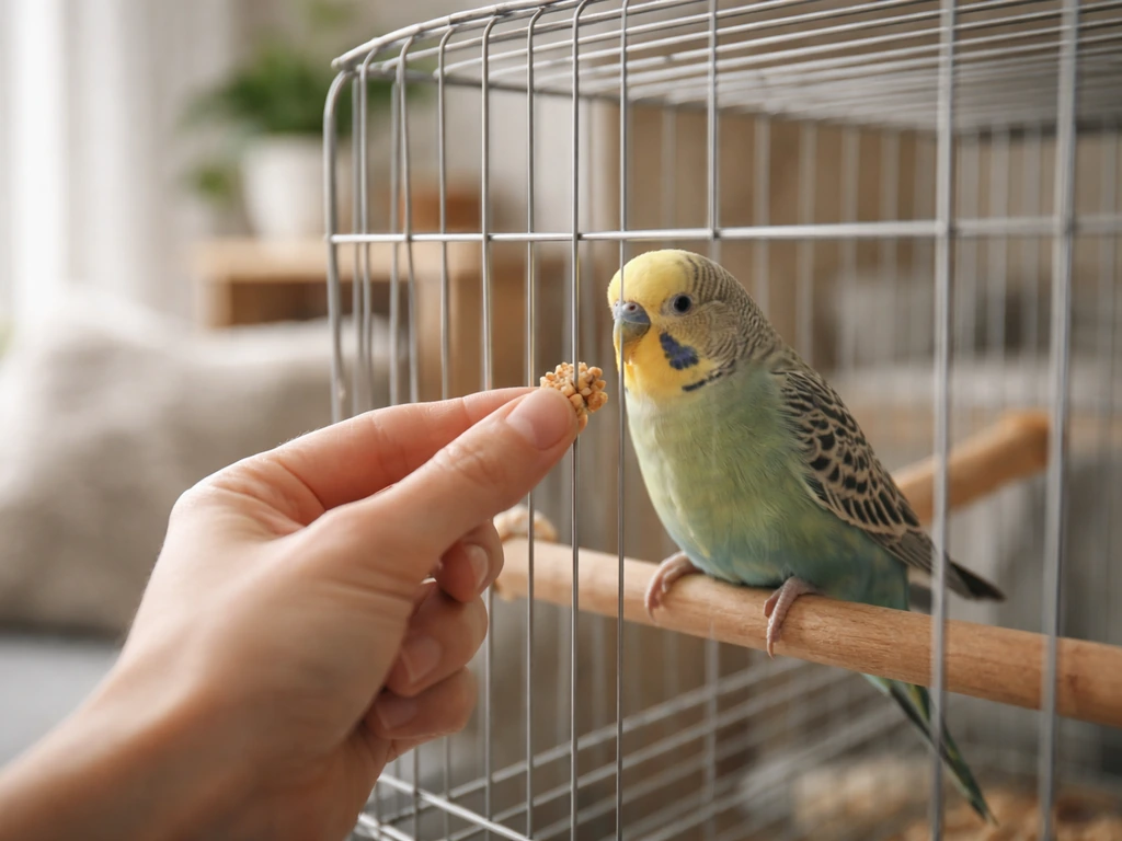 A calm budgie perches as a trainer’s hand offers a treat through cage bars in natural light.